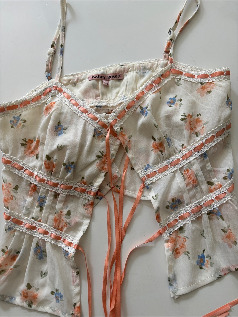 Bailey Rose Cream Floral Lace-Trim Camisole with Coral Ribbon